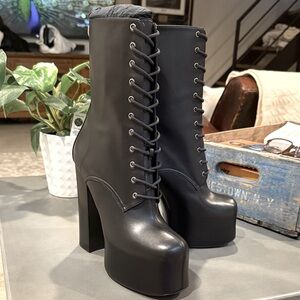 Saint Laurent Mina Cherry Black Lace-Up High Heel Platform  Boots Size 40 (US 9)